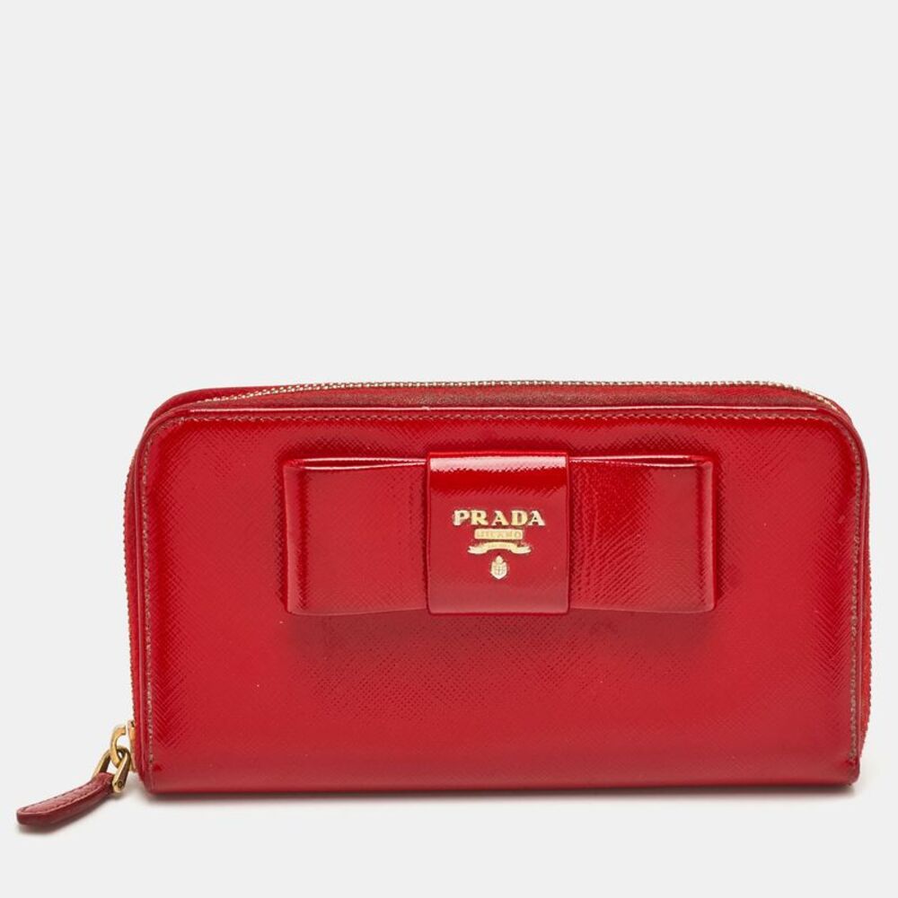 Prada Bow Red Patent Leather Zip Around Wallet